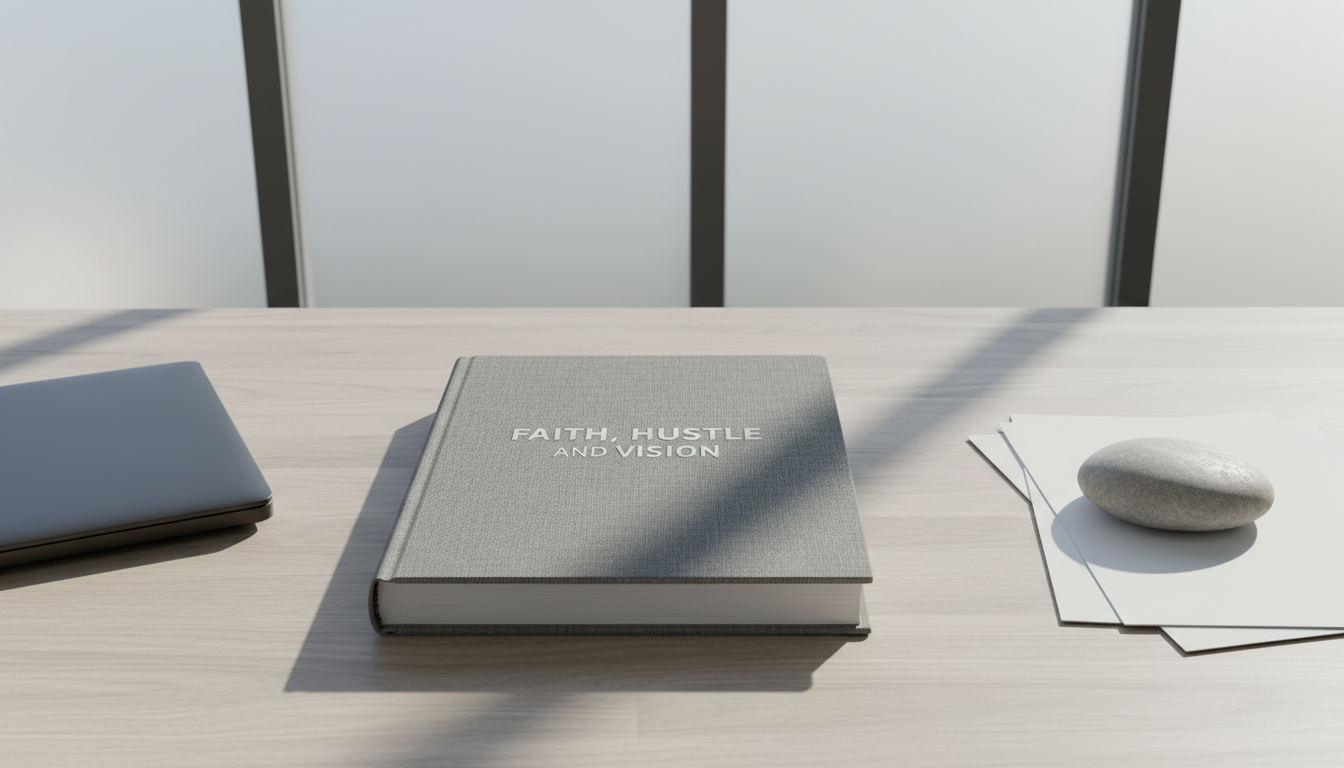 A crisp, professionally bound journal with a textured gray linen cover embossed with the words "Faith, Hustle, and Vision" in understated metallic silver, lying flat on a meticulously organized desk of pale oak. The desk is accented with a closed laptop in matte black and a smooth stone paperweight, set near a tall frosted glass window. Soft natural daylight filters through, casting gentle, balanced shadows and highlighting the clean lines and neutral tones of the workspace. The mood is structured and corporate yet calm, captured from a slightly elevated, centered angle to emphasize order and clarity. The image is rendered in photographic realism with a minimalist, modern aesthetic, echoing the blog’s focus on guidance and professionalism.