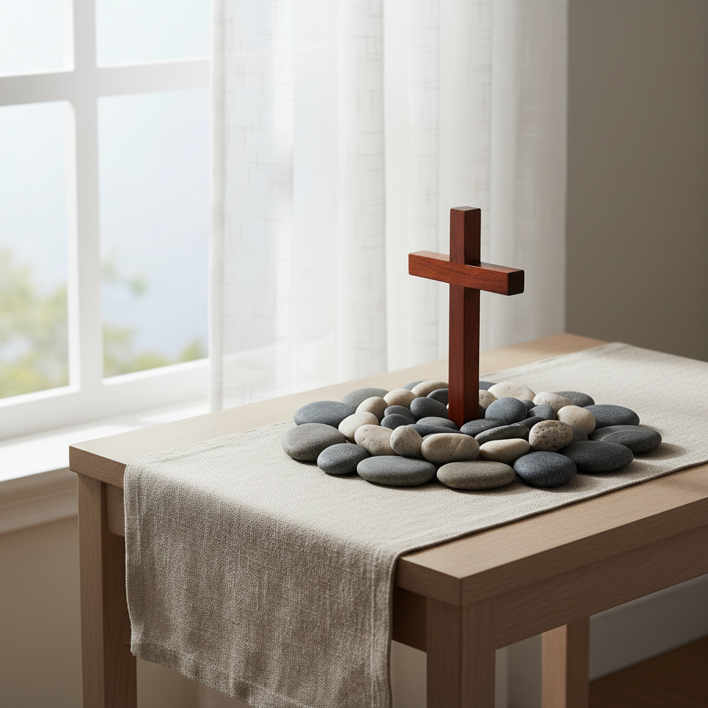 A balanced, symmetrical arrangement of smooth river stones in muted grays and creams encircling a polished wooden cross, set atop a neutral linen runner on a minimalist side table. The scene is staged near a large window with softly diffused morning light, lending a sense of serenity and clarity. Subtle, natural shadows create gentle contrasts without distraction. The composition uses the rule of thirds, with the cross as the focal point, providing depth through the layering of textures. The photographic realism and clean, thoughtfully ordered layout reflect the intersection of faith and professional purpose, aligning perfectly with the blog’s themes.
