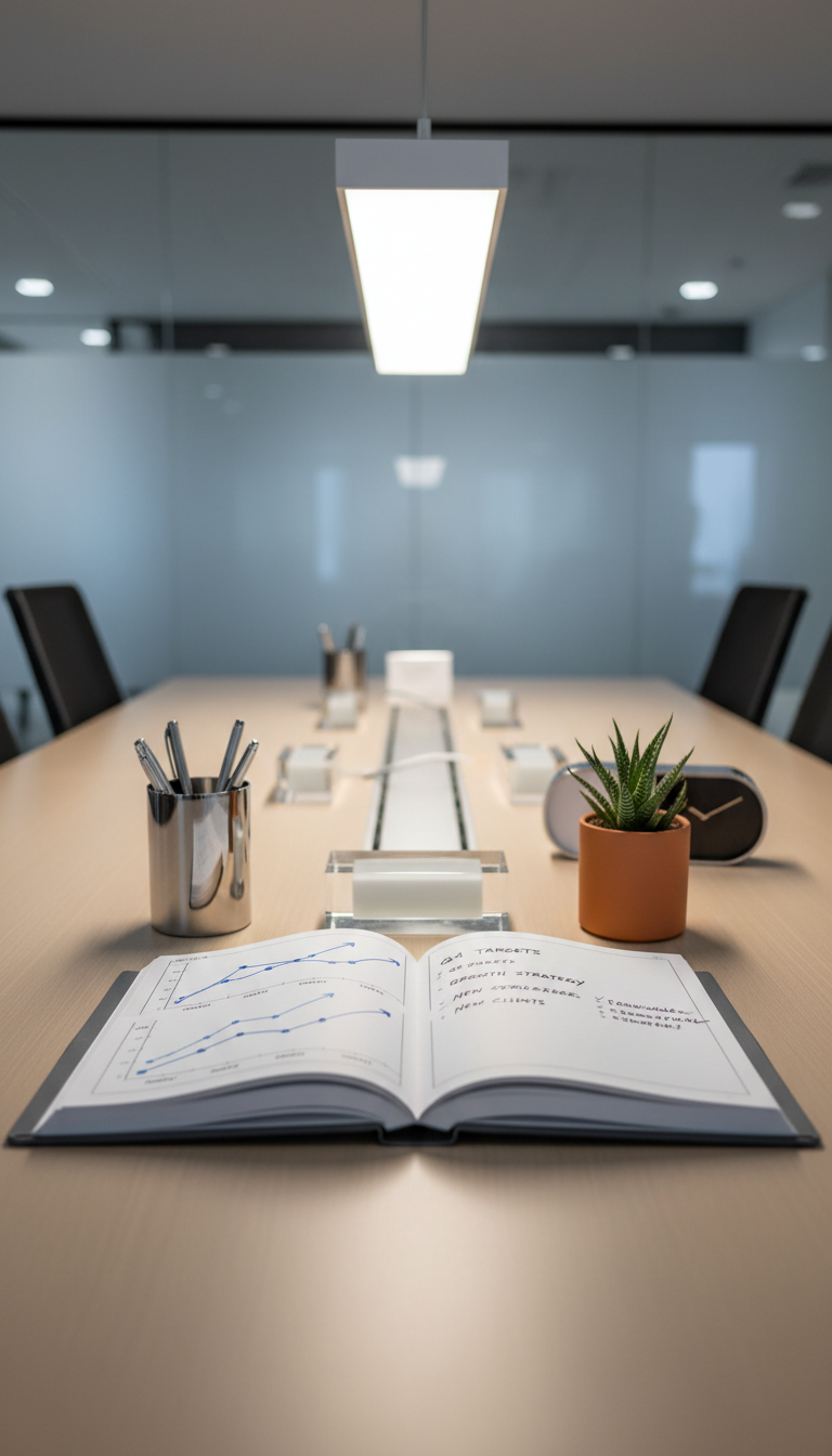 A structured, slate-gray hardcover sales ledger neatly opened to a page filled with precise, hand-drawn charts and notes, resting on a wide, matte-finish conference table. Surrounding the ledger are elegant chrome and glass desk accessories, and a single, understated clay planter holding a small green succulent. Overhead, diffused white light from a sleek office pendant lamp creates soft, even illumination with subtle shadowing. The overall mood is focused and motivational, shot at a low angle with a shallow depth of field to draw attention to the handwritten notes and clean edges. The style is photographic, embodying a clean, corporate design to inspire organized professionalism in a sales career context.